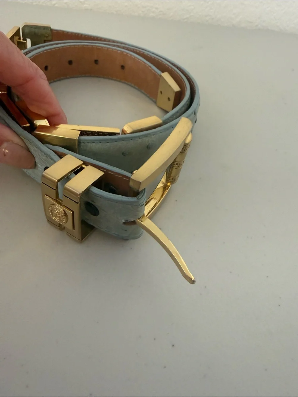 El General Belt Company Blue Genuine Ostrich Leather Gold Medusa Hardware Belt
